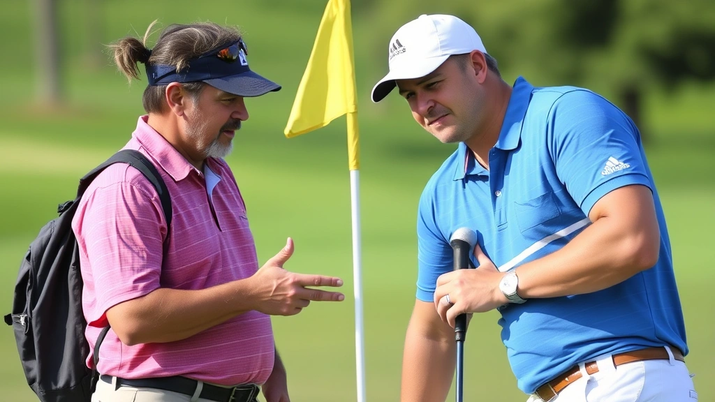 Experienced instructor providing feedback to student golfer on putting green with flagstick visible, showing mentorship and professional instruction in action