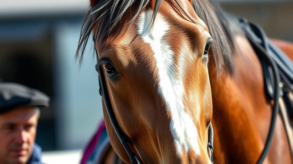 Close-up of thoroughbred racehorse's muscular physique and intense expression during training session, groom handler beside horse, natural outdoor lighting, professional equestrian photography