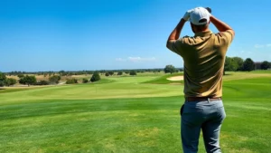 Golfer from behind hitting driver from tee box with manicured fairway stretching into distance, Dallas landscape visible, professional photography