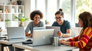 Students collaborating on laptops during a virtual group project session, all smiling and engaged, sitting at individual desks in a bright, modern home office space with natural light streaming through windows
