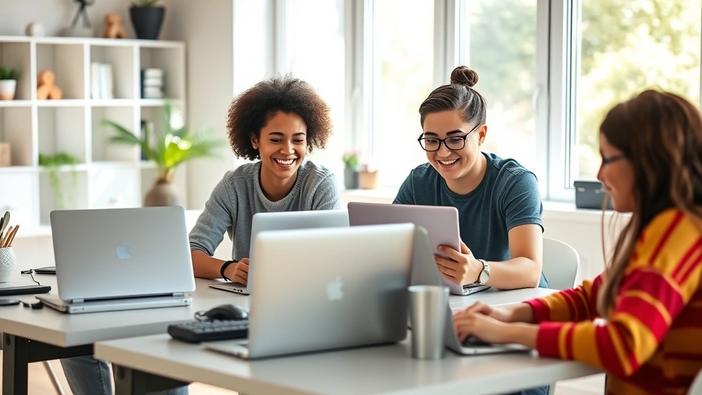 Students collaborating on laptops during a virtual group project session, all smiling and engaged, sitting at individual desks in a bright, modern home office space with natural light streaming through windows