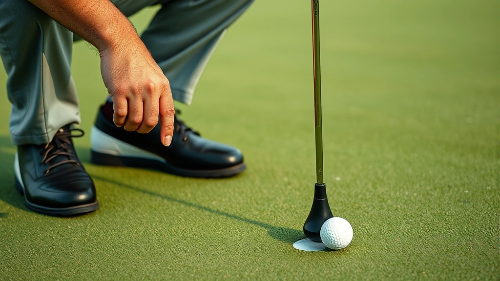 Close-up of golfer reading green contours while crouching, analyzing putt lines on undulating putting surface, focused concentration expression
