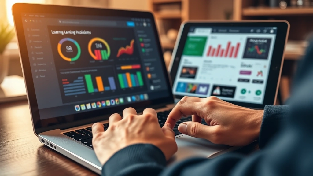 Close-up of hands typing on a laptop keyboard while a tablet displays an interactive learning dashboard with colorful progress charts and educational content, warm office lighting