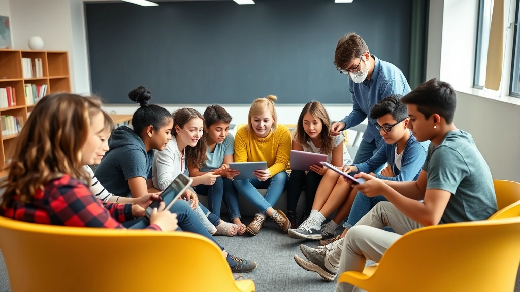 Diverse group of students of various ages sitting in a semicircle in a modern classroom, all looking at their individual devices with focused expressions, teacher standing nearby reviewing their progress on a tablet