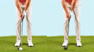 Professional golfer demonstrating proper grip and stance position at address, hands clearly visible on club, feet parallel to target line, relaxed posture before swing execution