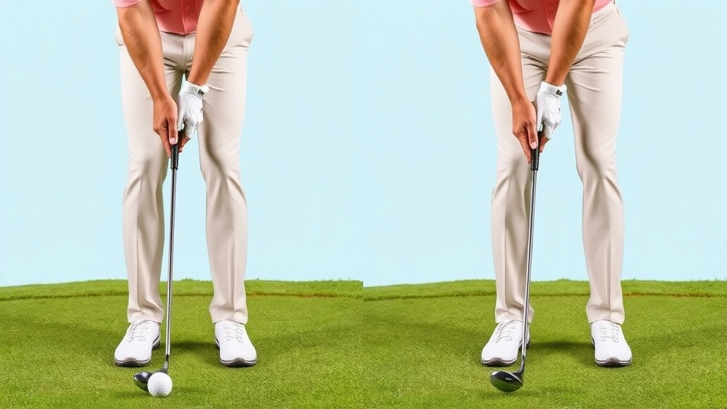 Professional golfer demonstrating proper grip and stance position at address, hands clearly visible on club, feet parallel to target line, relaxed posture before swing execution