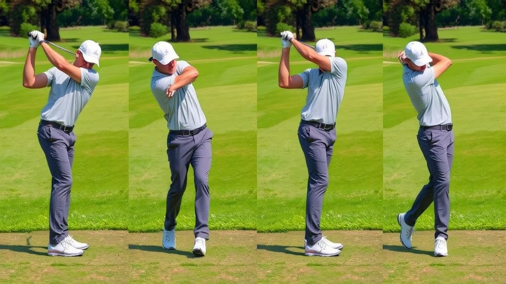 Golfer mid-swing showing proper body rotation and sequencing, shoulders rotated with lag maintained in wrists, lower body leading transition, athletic balanced position
