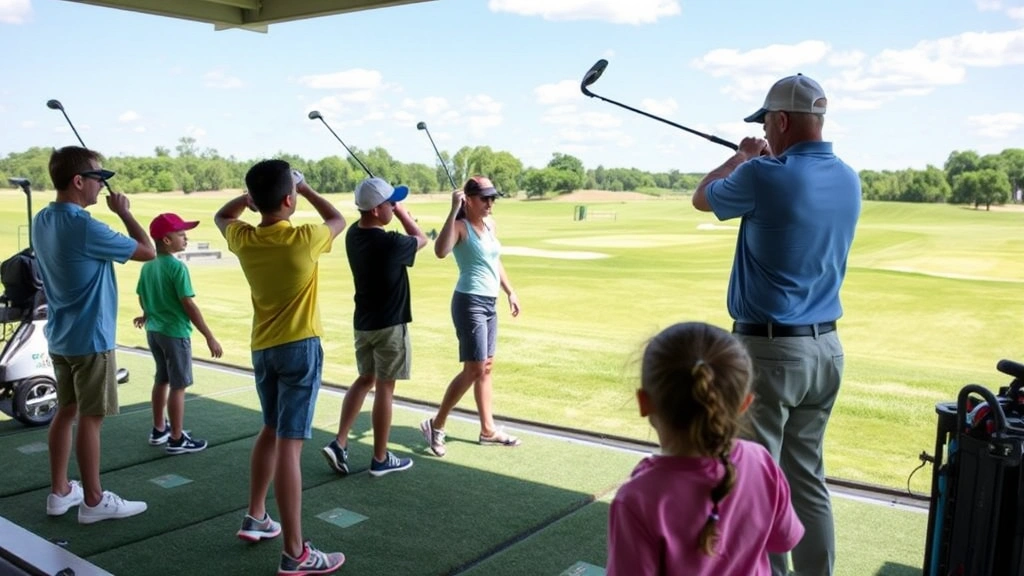 Diverse group of students of different ages practicing golf swings on a driving range with professional instructor demonstrating proper form, natural outdoor setting with green fairways visible