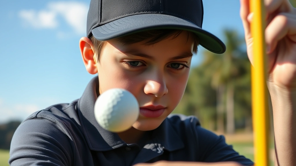 Close-up of student analyzing golf ball trajectory after hitting shot, showing focused concentration and engaged learning, with course landscape and trees in background