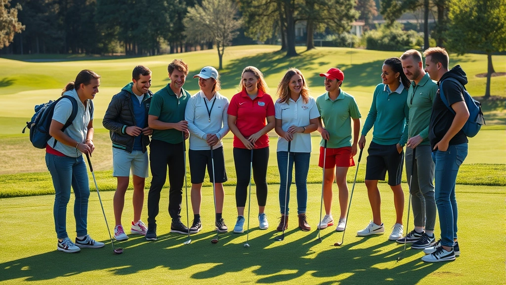 Mixed group of learners celebrating successful putts on practice green, showing teamwork and emotional engagement, bright natural lighting with course maintenance visible in distance