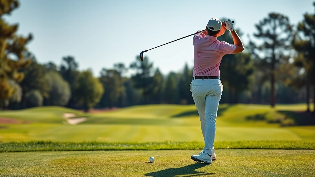 Professional golfer executing a perfect golf swing on a championship course, sunlit fairway with lush green grass, demonstrating proper form and balance during follow-through
