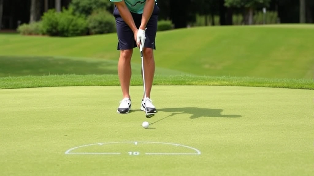 Golfer practicing chip shots on a practice green with various distances marked, focusing on short-game technique and precision near the putting surface