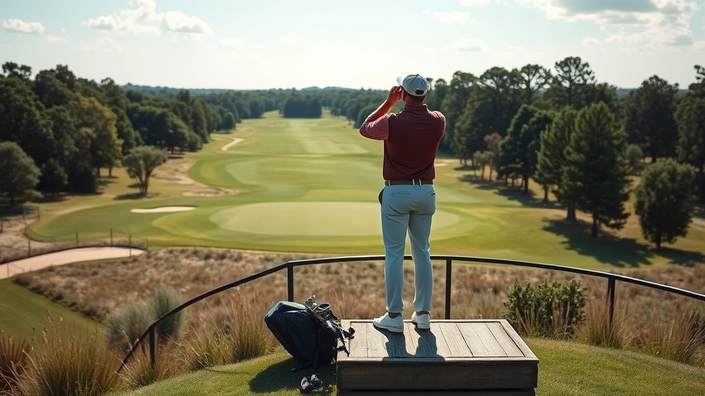 Golfer standing on an elevated tee box studying the hole layout, analyzing wind direction and course conditions before executing their shot