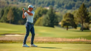 Golfer in athletic stance demonstrating proper posture and alignment on a beautiful golf course, morning sunlight, focused expression, professional form