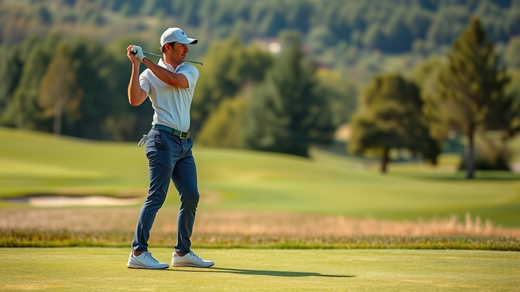 Golfer in athletic stance demonstrating proper posture and alignment on a beautiful golf course, morning sunlight, focused expression, professional form