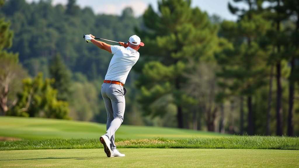 Golfer executing a full swing with excellent body rotation and balance, captured mid-follow-through on a scenic fairway with trees in background