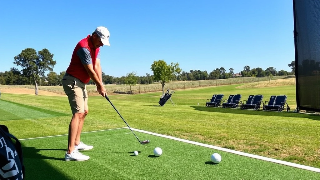 Golfer practicing on a driving range with multiple golf balls, demonstrating purposeful practice technique with good form and concentration