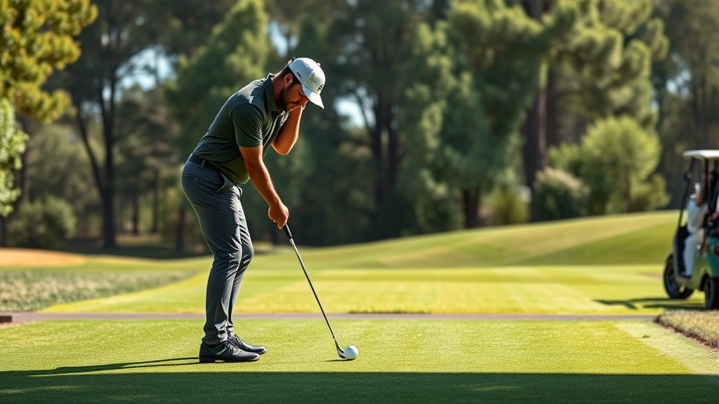 Professional golfer in perfect athletic stance addressing ball on driving range, focused concentration, natural lighting, practice balls visible in background