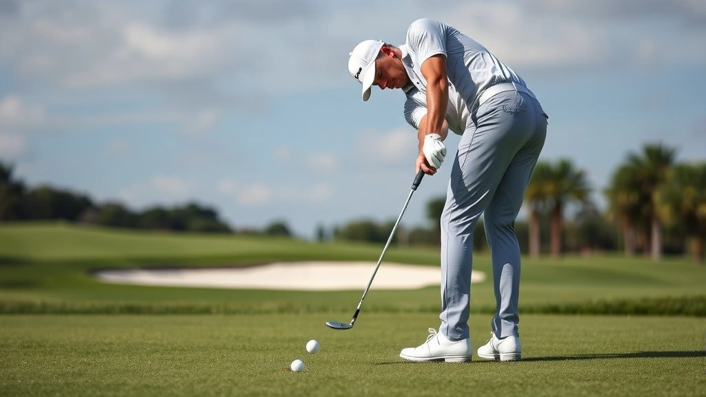Golfer executing precise chip shot near green with manicured fairway and bunker visible, demonstrating controlled short-game technique with excellent posture