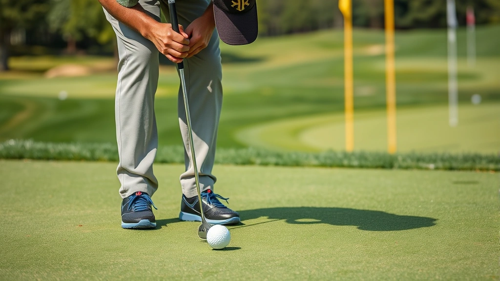 Golfer reading green on putting surface with focused expression, proper eye position over ball, practice green environment with flags and distance markers