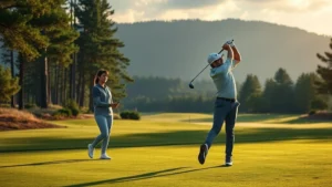 Professional golfer mid-swing on manicured fairway with natural landscape, dramatic lighting, no text or signage visible, photorealistic quality