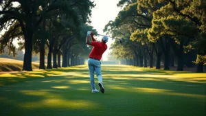 Golfer mid-swing on well-manicured fairway with mature trees lining the course, morning sunlight creating shadows, realistic photography of active golfer