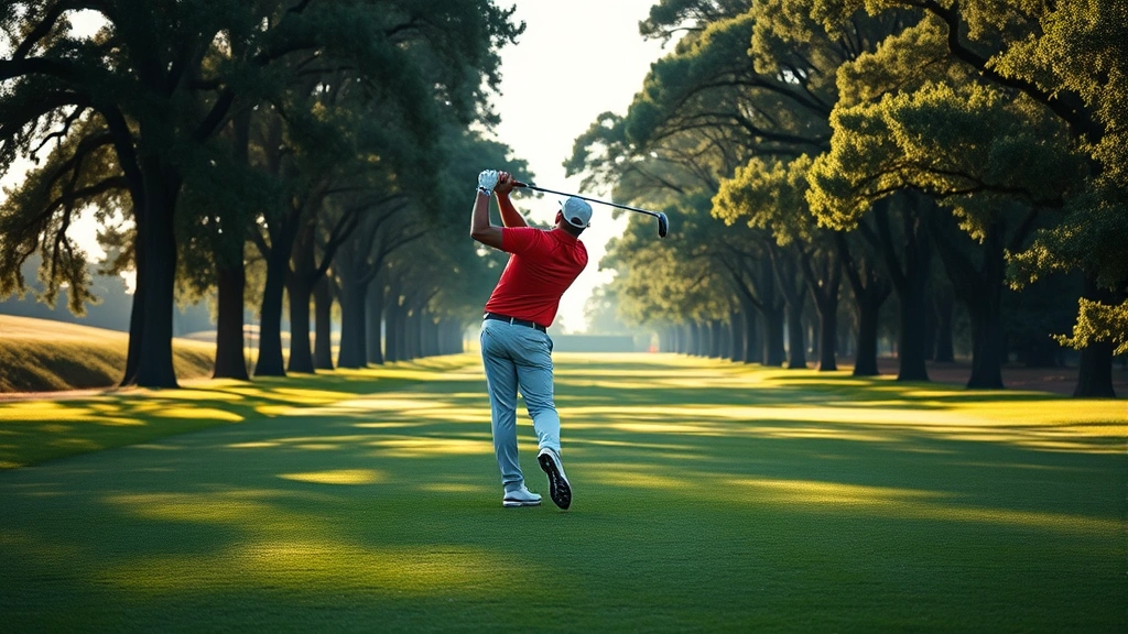 Golfer mid-swing on well-manicured fairway with mature trees lining the course, morning sunlight creating shadows, realistic photography of active golfer