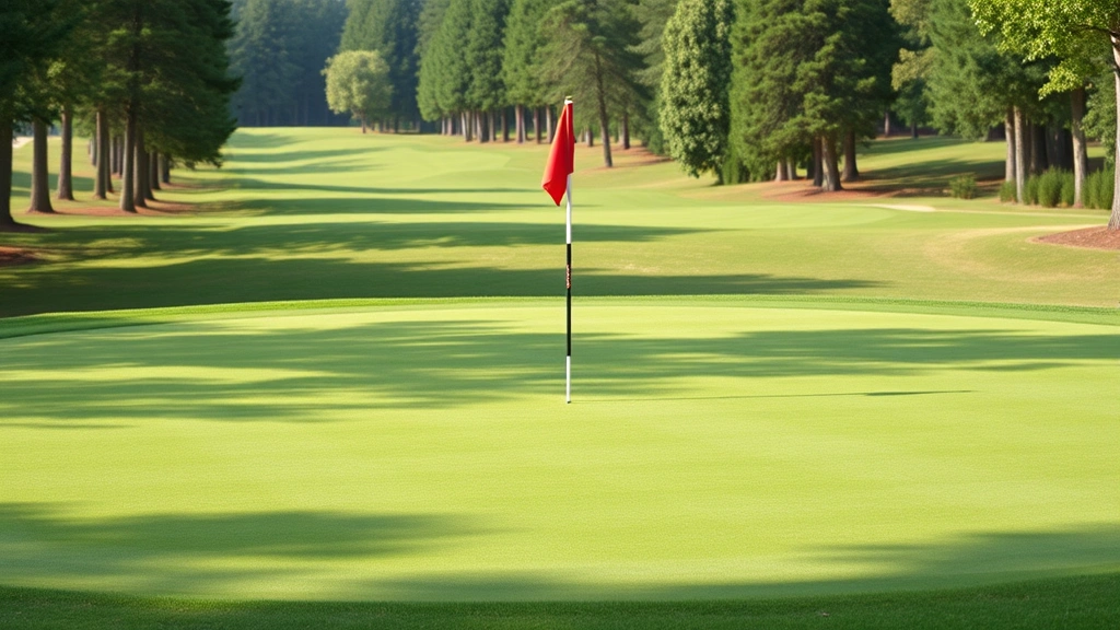 Well-maintained golf course green with flag stick, surrounding fairway and trees, natural lighting conditions, peaceful golf environment, no text