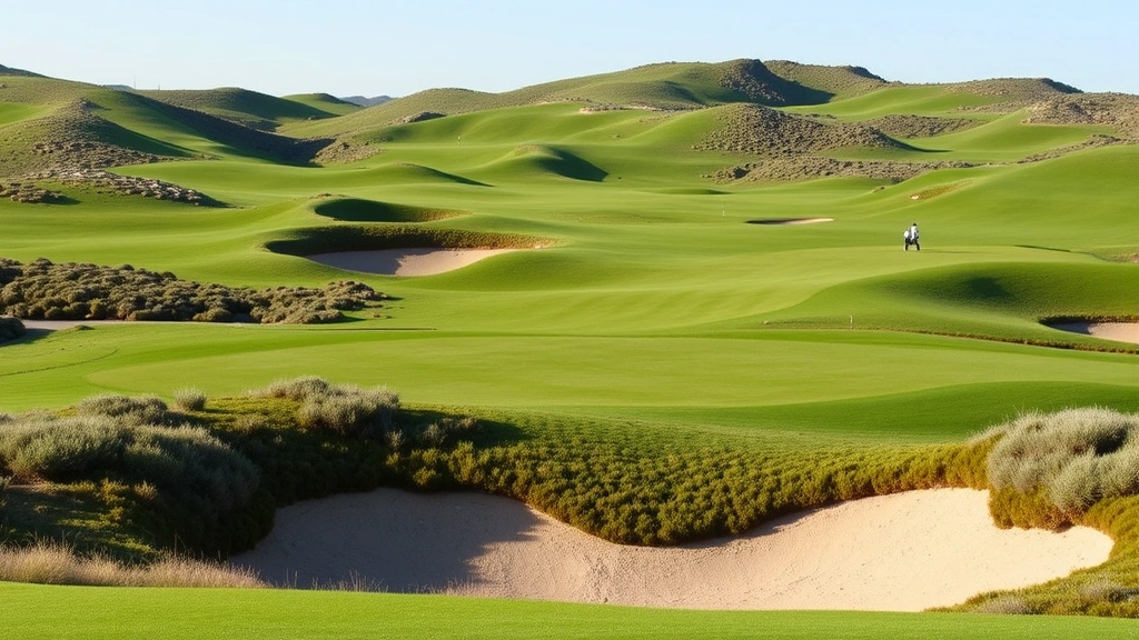 Scenic golf course landscape with rolling terrain, pristine green, sand bunker, and natural vegetation, clear sky, peaceful golfing environment