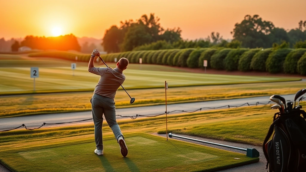 Golfer practicing at driving range with multiple distance markers visible in background, sunset lighting, natural setting, focused athletic moment, no text