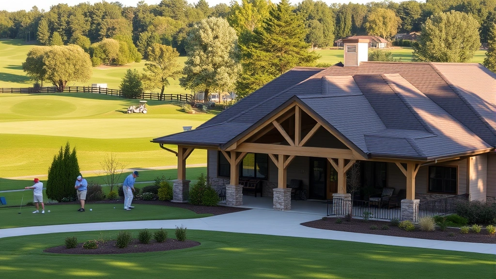 Golf course clubhouse exterior with practice range in background, golfers practicing, professional maintenance visible, welcoming facility atmosphere