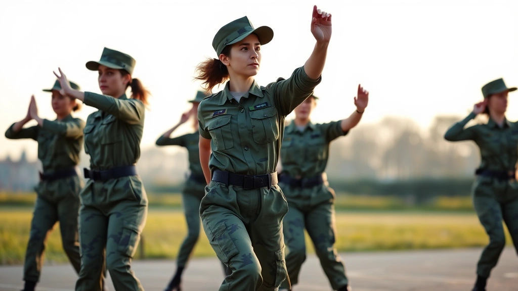 Female cadets in military uniform performing synchronized physical training exercises outdoors in early morning light, demonstrating discipline and fitness preparation