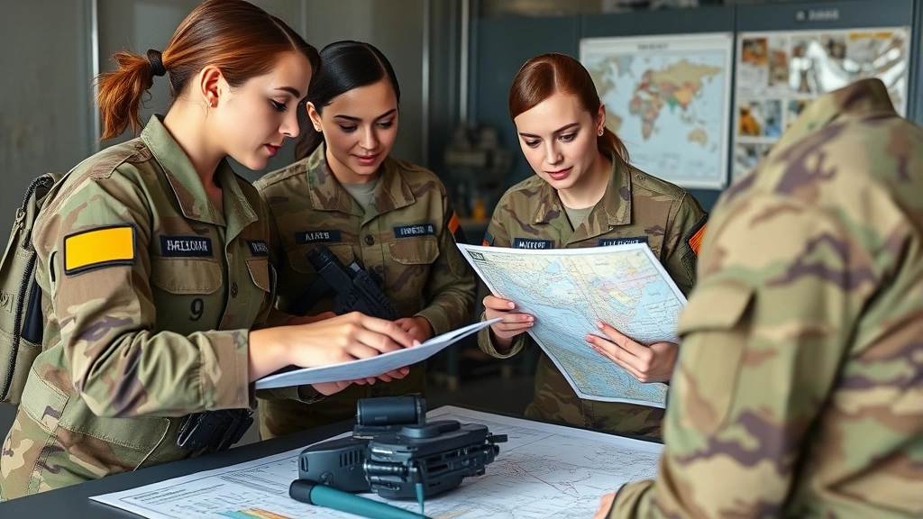 Professional women military officers conducting tactical briefing with maps and equipment, showcasing leadership training and decision-making in command environment
