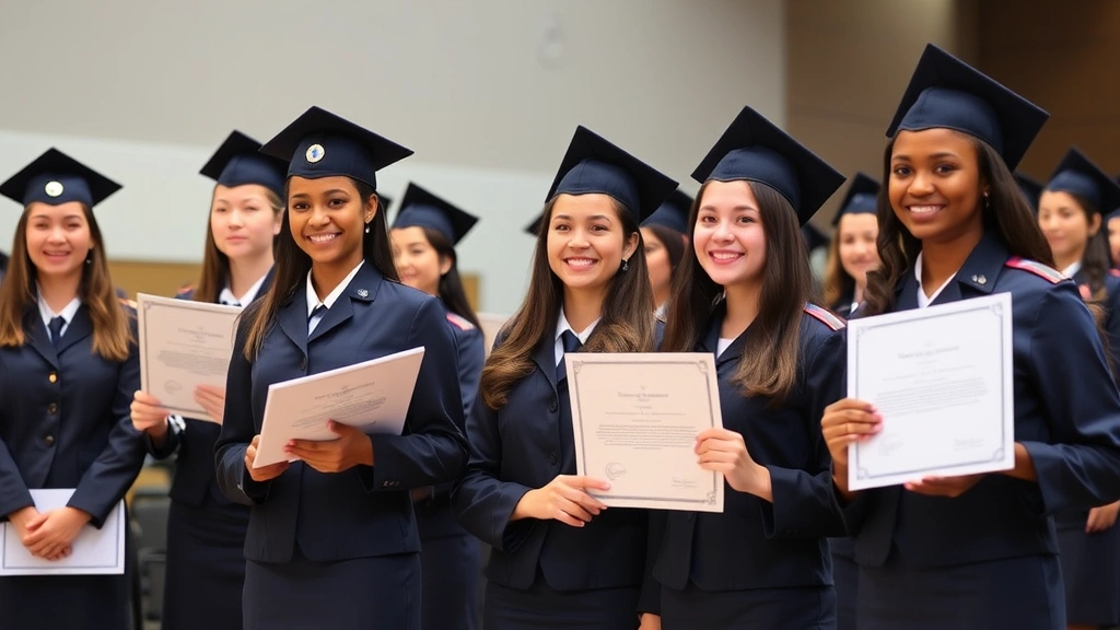 Diverse group of female cadets graduating ceremony wearing dress uniforms, receiving certificates with pride and achievement visible in formal institutional setting