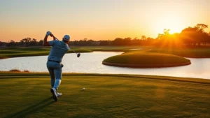 Professional golfer mid-swing at sunset on manicured fairway with water hazard in background, golden light illuminating pristine grass