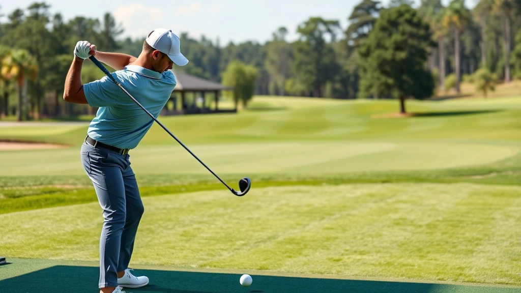 Golfer at driving range hitting balls with perfect form and posture, manicured fairways and trees in background, natural daylight, focused expression