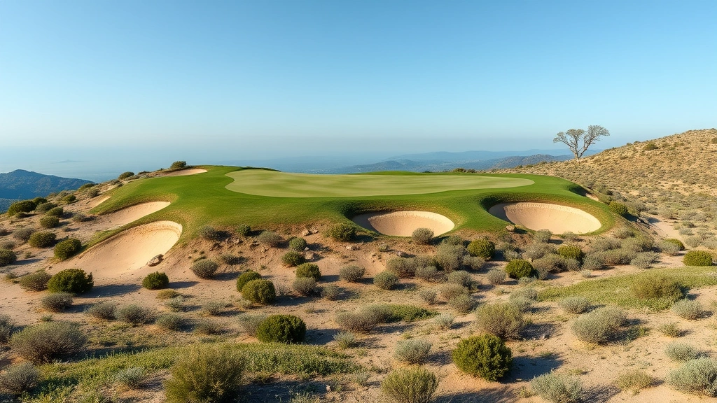 Elevated green complex surrounded by sand bunkers and native vegetation, scenic landscape view with clear blue sky and natural terrain