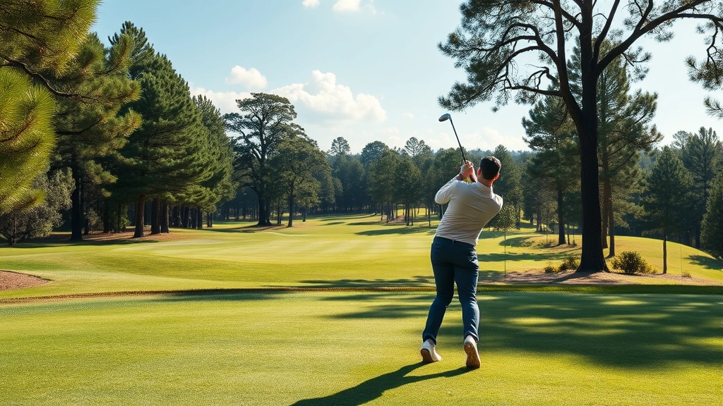 Golfer mid-swing on fairway with beautiful course landscape, trees framing shot, natural lighting creating shadows, professional golfer form and technique visible