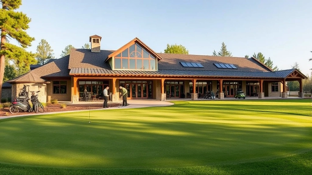 Clubhouse exterior with practice putting green in foreground, golfers preparing equipment, modern facility architecture blending with natural surroundings