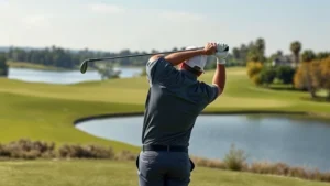 Professional golfer mid-swing on lush fairway with lake in background, perfect form and concentration, natural daylight, photorealistic sports photography