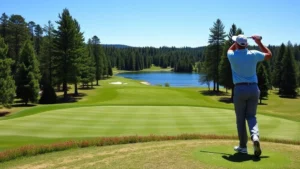 Professional golfer mid-swing on elevated tee box overlooking pristine fairway with large lake in background, mature evergreen trees framing hole, clear blue sky, natural lighting