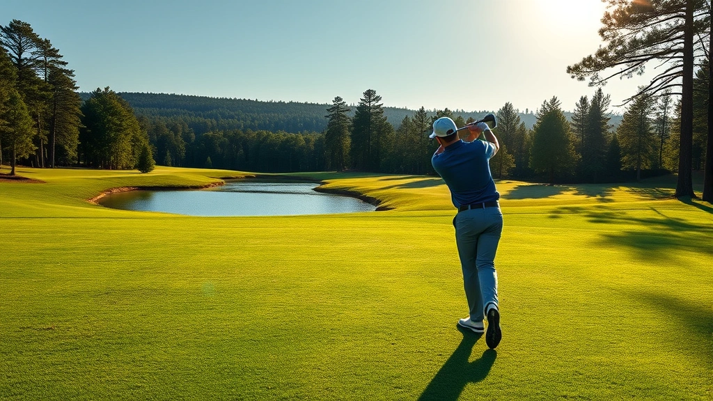 Golfer executing iron shot on immaculate fairway with water hazard visible, lush green grass and distant forest landscape, afternoon sun creating shadows from trees