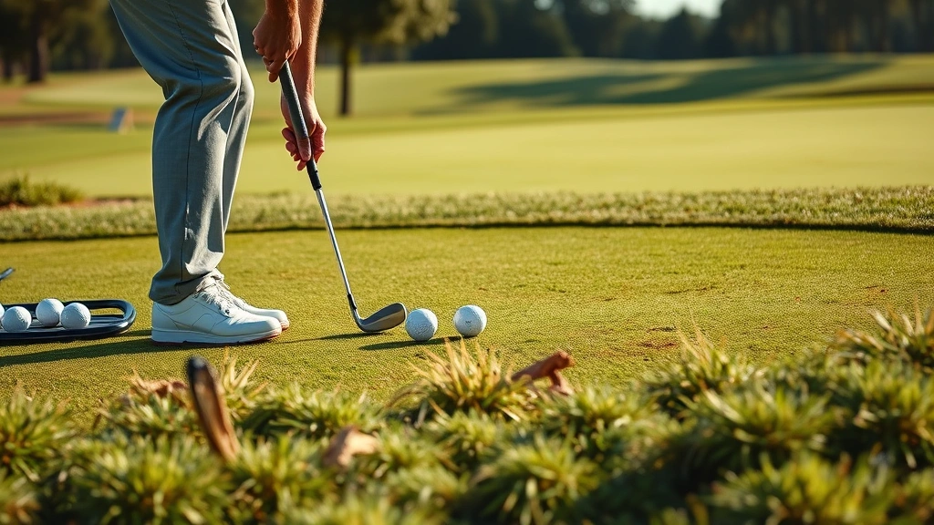 Golfer practicing short game near green with multiple golf balls scattered, chipping from rough terrain with focus and concentration