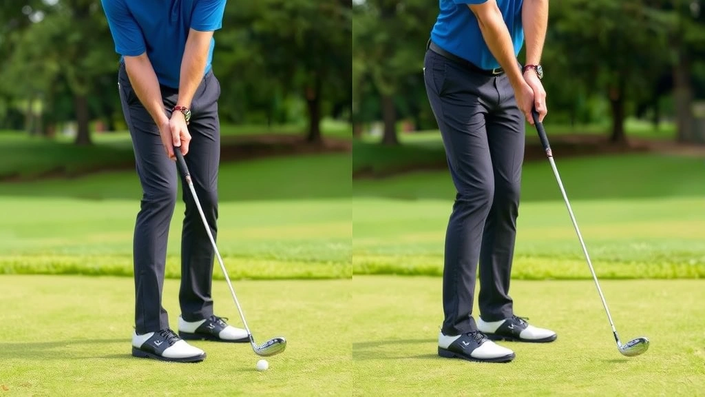 Professional golfer demonstrating proper stance and grip during a golf swing on a manicured fairway, showing correct posture and hand position