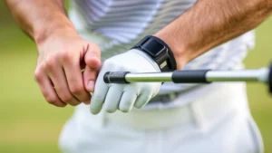 Professional golfer demonstrating proper grip technique on a golf club, hands positioned correctly, close-up view of hand positioning and finger placement on club shaft