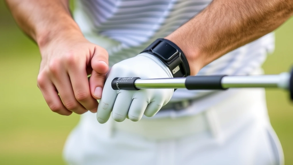 Professional golfer demonstrating proper grip technique on a golf club, hands positioned correctly, close-up view of hand positioning and finger placement on club shaft
