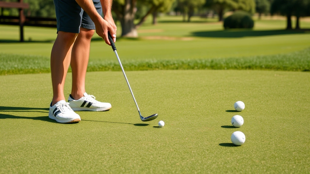 Golfer practicing short game shots on a putting green with golf balls scattered around, focused on chipping and distance control techniques