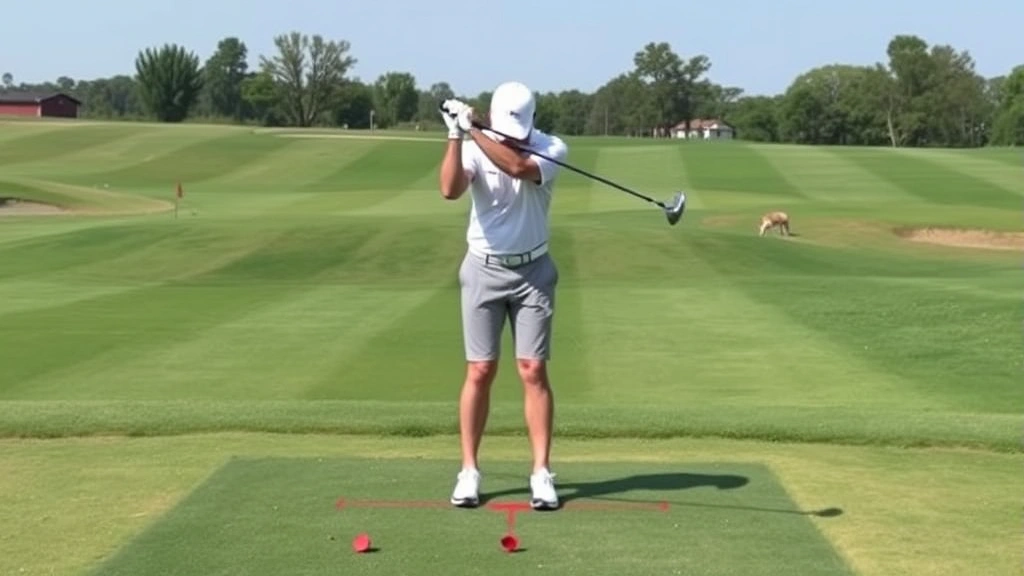 Golfer at address position showing correct stance, posture, and alignment on practice range, body positioned properly with feet shoulder-width apart