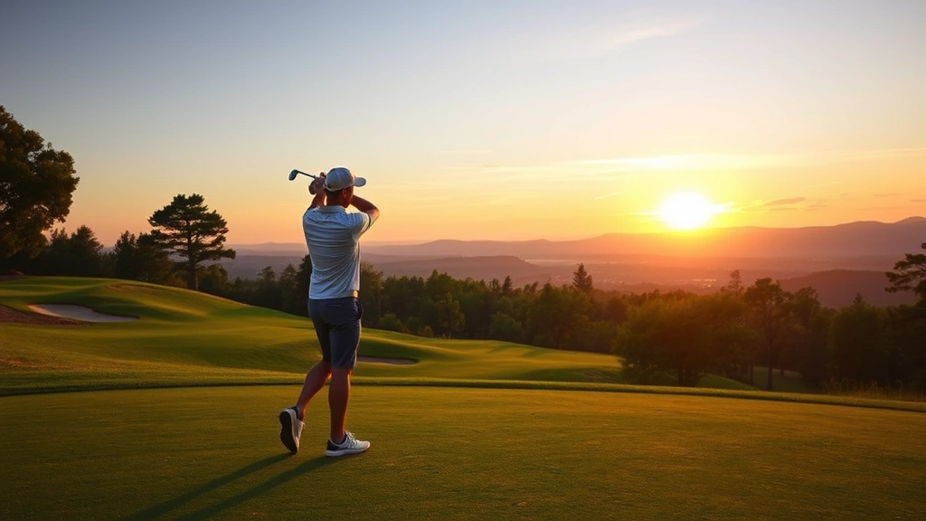 Golfer on a scenic golf course during golden hour, analyzing terrain and planning a shot while standing on the fairway