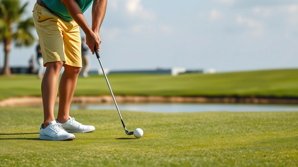 Golfer executing a short chip shot near the green, demonstrating controlled swing technique and proper form for chipping around the greens